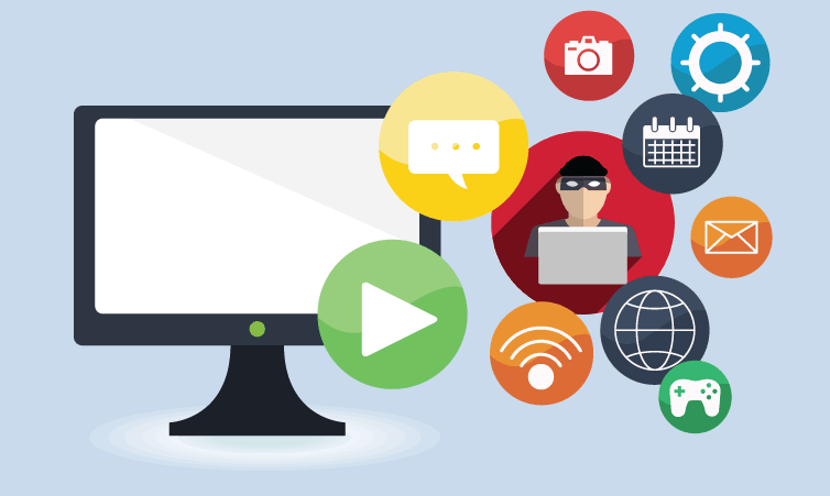 computer monitor surrounded by apps and an app disguised as a hacker