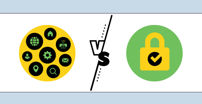 left yellow circle with various app icons versus right locked padlock